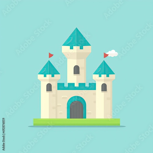 Flat illustration of a fairytale castle in the sky. Magic world. Simple illustration, graphics, of a castle and rook tower. Red flags. Game design. Kingdom. Princess. Cloud. Adventures. Game level 