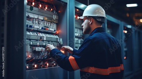 Electrical engineer inspects electrical system at equipment control cabinet Installation of modern power plants