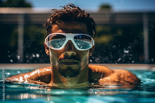 Portrait of a Man with swimming goggles in the swimming pool. Young man diving in a pool in summer. Athletic caucasian man swimming outdoors © ImaginaryInspiration