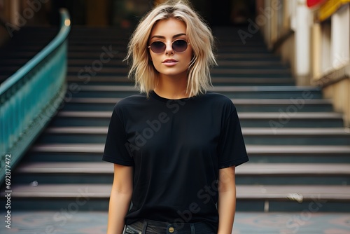 photography Street style clothing urban posing glasses tshirt black wearing girl blonde Stylish t-shirt woman female adult attractive background beautiful beauty blank blond casual attire caucasian