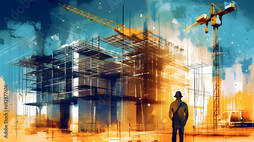 illustration digital building construction engineering with double exposure graphic design. Building engineers, architect people or construction workers working with modern civil equip. generative AI.