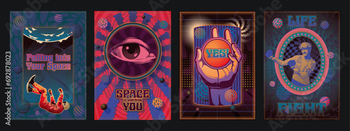 Abstract Psychedelic Art Style Poster Templates, Astronaut, Earth, Retro Boxer, Eye, Hand, Abstract Shapes, Psychedelic Color Backgrounds 