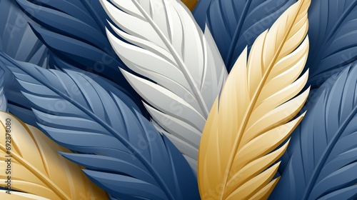 Elegant Feather Composition in Blue and Gold Shades, Symbolizing Serenity and Luxury