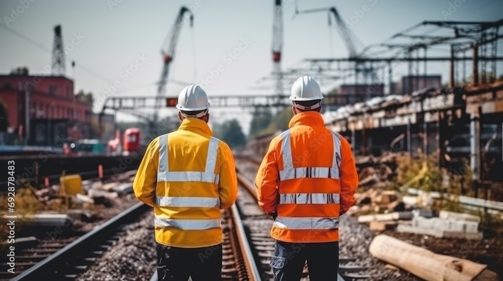 Engineer inspects railway construction process Engineer inspects railway construction process