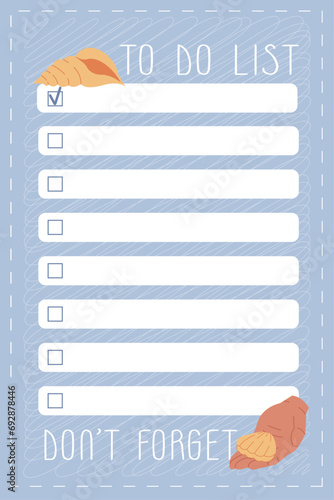 Minimalistic To do list  with hand and sea shells decor illustrations. checklist blue color