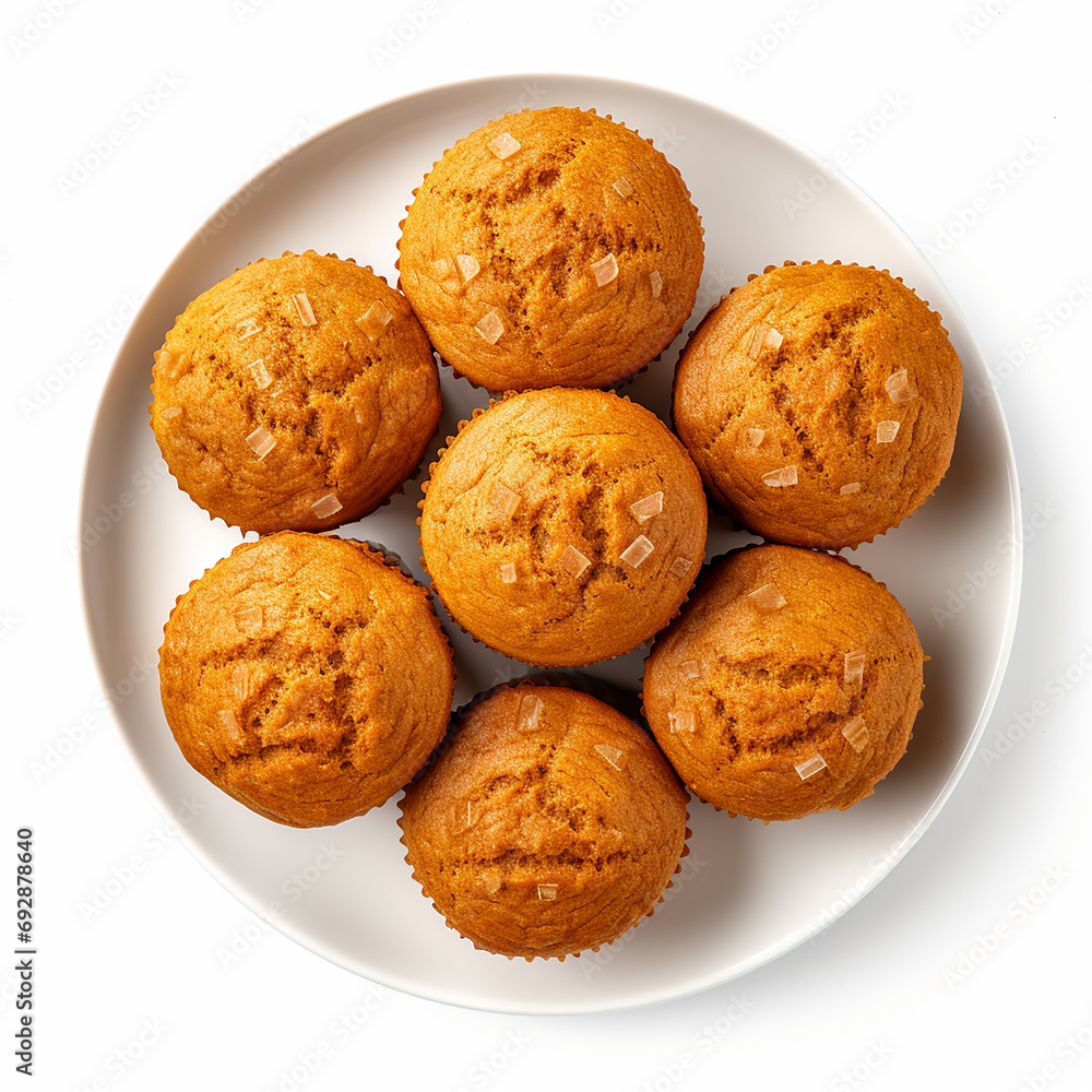 A Plate of Pumpkin Muffins Isolated on a white background in the top view