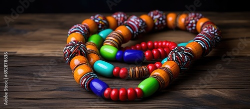 Authentic African necklace with vibrant handmade beads. Skillful local artisans. South African craft market. photo
