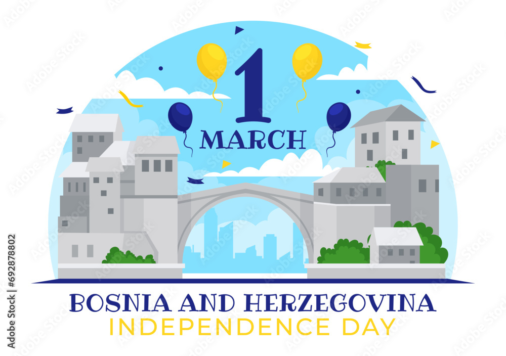 Bosnia and Herzegovina Independence Day Vector Illustration on 1st of March with Waving Flag and Landmark Building in Memorial Holiday flat Background