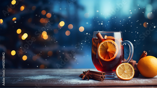 Hot mulled wine with cinnamon and orange slice, old rustic wooden plank against background. photo