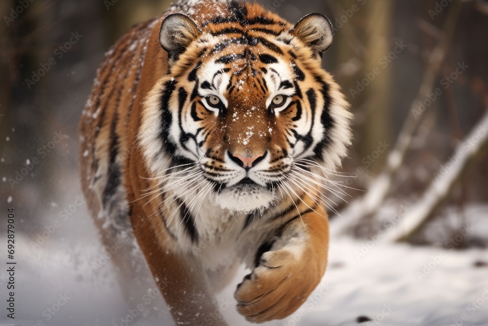 a big wild cat, huge orange bengal male tiger running through the snowy terrain looking into the camera, approaching quickly, close-up