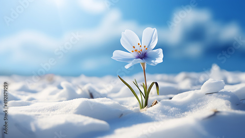 Fresh tiny flower blooming in snow in early spring forest.