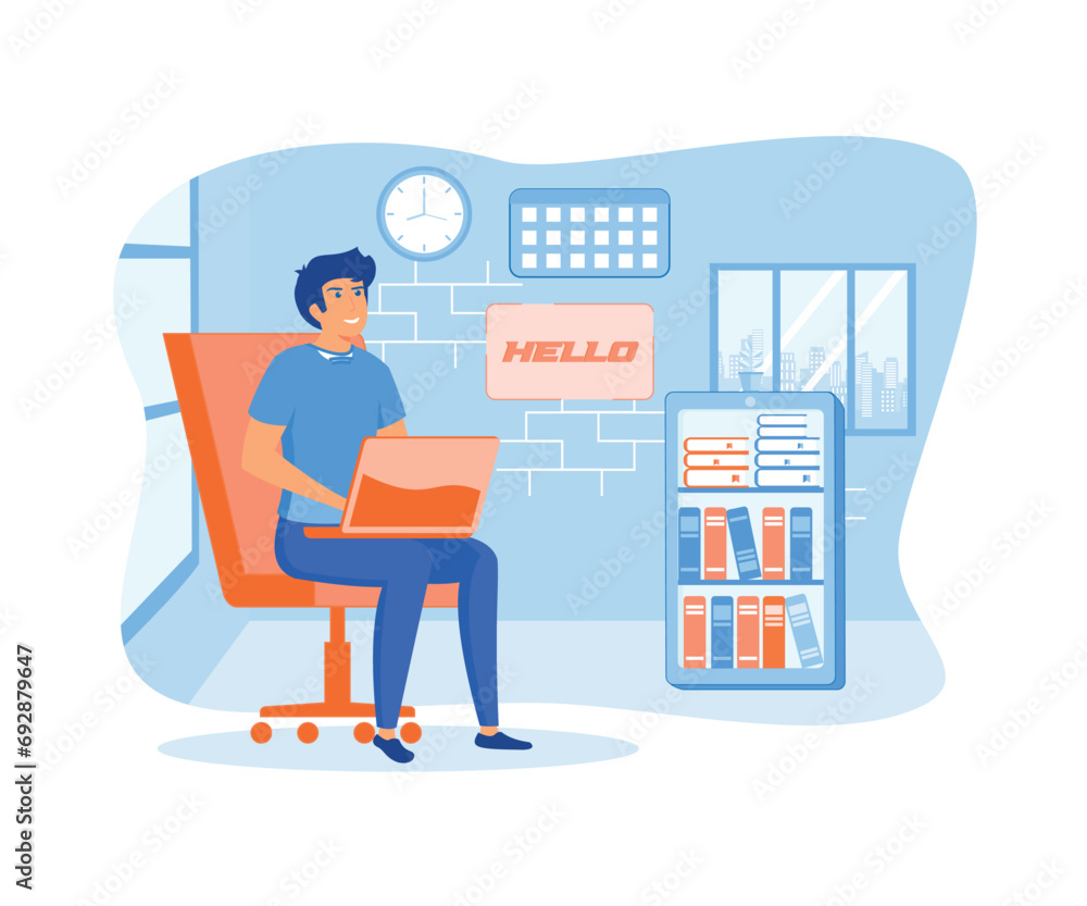 A freelancer works behind a laptop. Home office workplace. flat vector modern illustration 