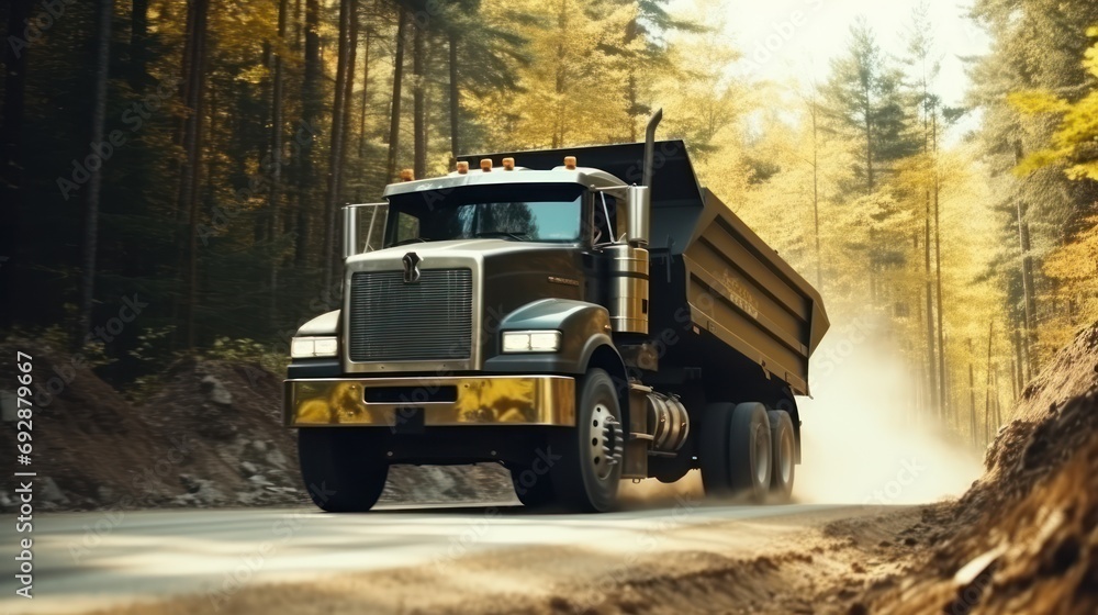 A dump truck carries coal, sand and rocks. The truck is moving along a dirt road in the forest. A dump truck carries coal, sand and rocks. The truck is moving along a dirt road in the forest.