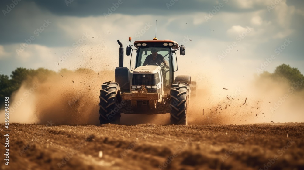 Fototapeta premium Farmers are preparing land for planting. Use a tractor with a tail to plow the dirt at the back. There is dust.