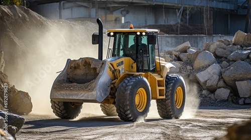 A wheel loader works to scoop rocks in a cement factory. photo