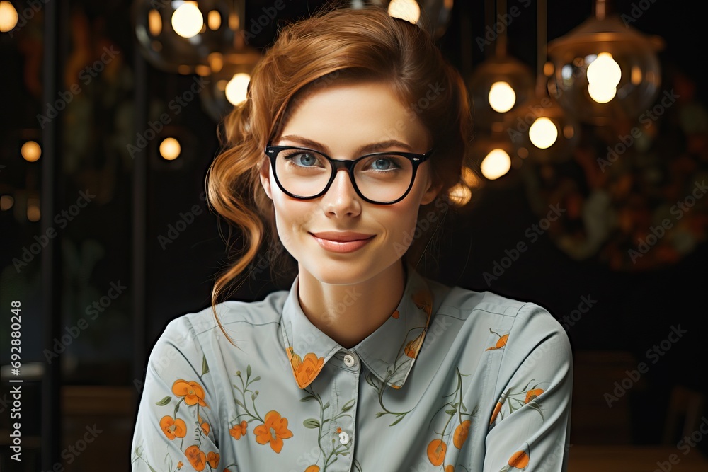 spectacles wearing woman Smiling eyeglass spectacle mature thinking pensive contemplation imagination happy smile thinks latin hispanic portrait face beautiful people success cheerful positive - obrazy, fototapety, plakaty 