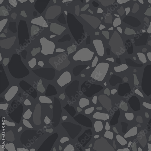 Terrazzo flooring vector seamless pattern in marble black colors. Texture of mosaic floor with natural stones