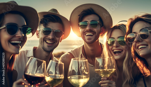 Young people celebrating summertime party holding vine glasses outside. Happy friends have fun on the beach. Summer vacations, lifestyle beverage concept. generative AI.