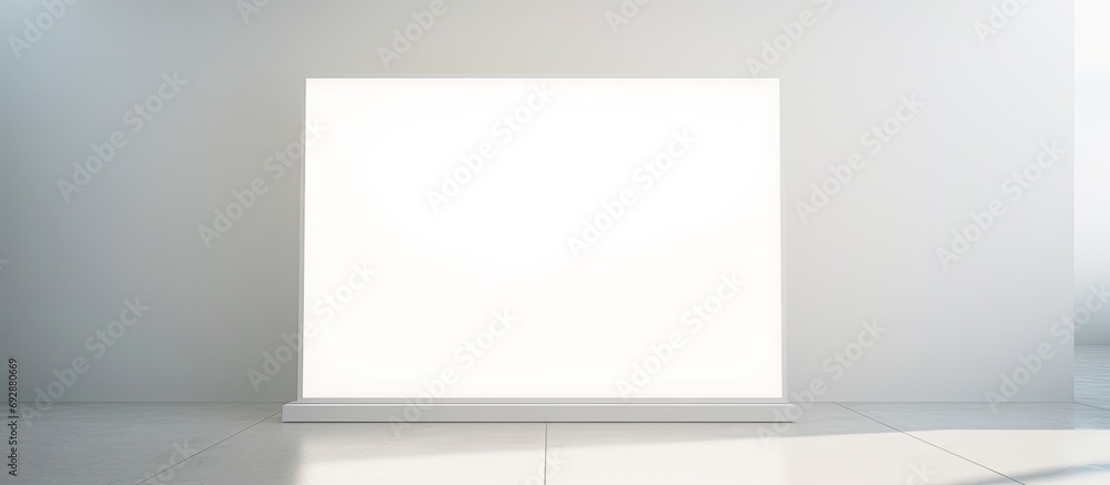 Sunlight reflecting on a blank art mockup poster hung on a white wall. Sunlight reflecting on a blank art mockup poster hung on a white wall.
