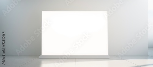 Sunlight reflecting on a blank art mockup poster hung on a white wall.