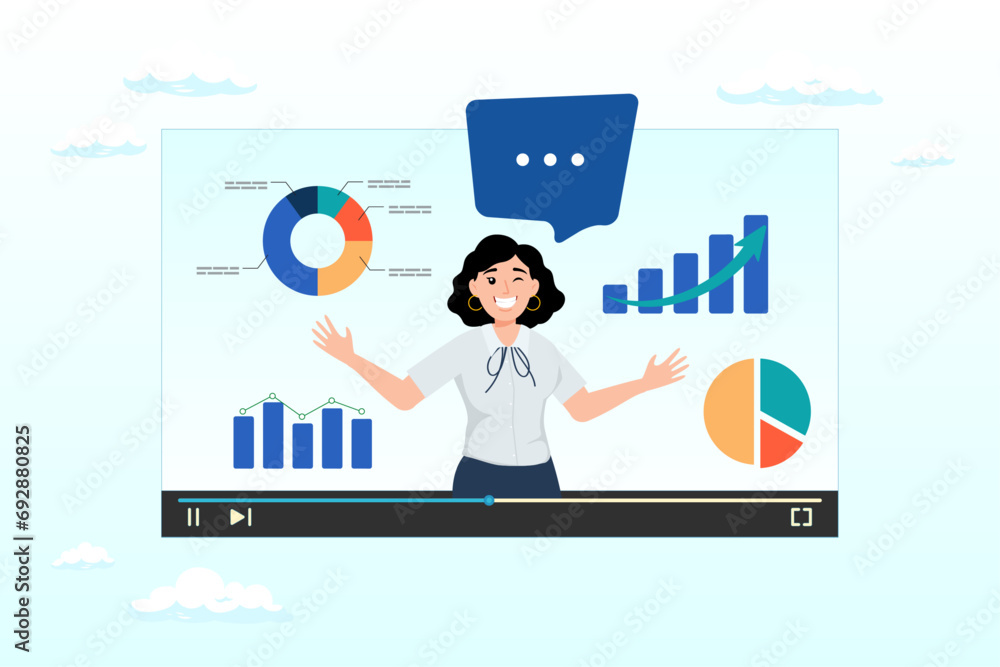 Businesswoman expert explain business pie chart in video interface, explainer video online tutorial or training course, expertise explaining business strategy online, movie video clip (Vector) Businesswoman expert explain business pie chart in video interface, explainer video online tutorial or training course, expertise explaining business strategy online, movie video clip (Vector)