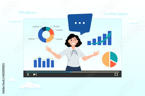 Businesswoman expert explain business pie chart in video interface, explainer video online tutorial or training course, expertise explaining business strategy online, movie video clip (Vector)