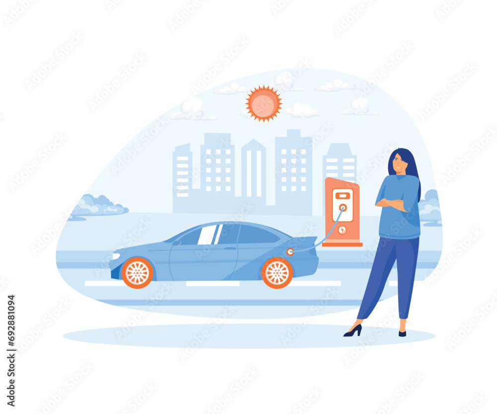 Woman electric car near charging station. flat vector modern illustration Woman electric car near charging station. flat vector modern illustration