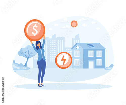 Woman checks heating meter and calculate household utility bill.  flat vector modern illustration 