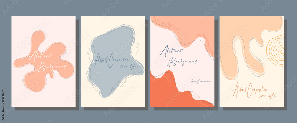 Handmade background layout with arbitrary shapes, plant elements and wavy lines. Modern, abstract design for social networks, websites, stylish interior and creative ideas