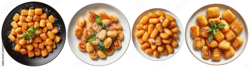 Top view of plates filled with the Italian pasta type gnocchi