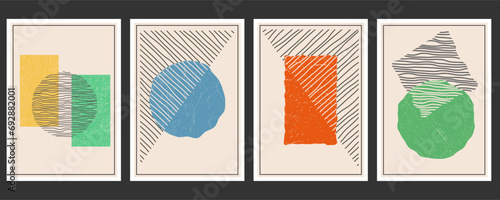 Set of backgrounds for interior design, poster and prints. Minimalistic style of distorted deformed geometric shapes. Abstract composition in flat style