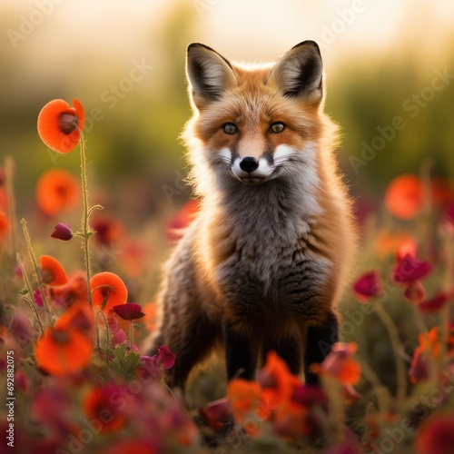 A young fox sits amongst poppies in a meadow.
