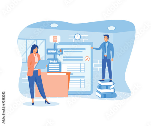  Businessman personal assistant online service or platform. Worker answering calls and assisting with document. flat vector modern illustration 