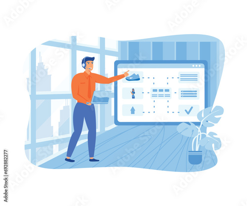 Online assistant, remote consultant.  Man helping customers during call to virtual shop. flat vector modern illustration 