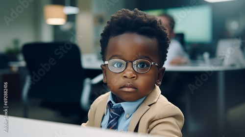 Child at work in the office sitting at the table. Baby at work. The kid looks like a manager