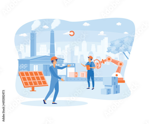 Engineer working with interactive interface. Smart industry, innovative manufacturing.flat vector modern illustration 