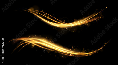 Vector illustration of golden dynamic lights and light lines, with flying sparks effect, isolated on black background. Abstract background for concepts of science, light, speed, futuristic and energy 