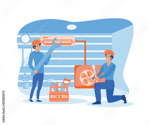 Men receive AC repair or installation services with unit damage, maintenance services, cooling systems. flat vector modern illustration