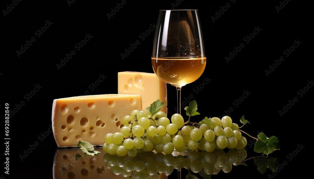 Glass of white wine chardonnay with grapes, and cheese on a dark background.