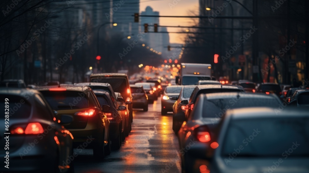 Fototapeta premium Behind the traffic jam on the city road at dusk
