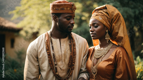 African man and woman, bride and groom in traditional clothes stand in the garden.