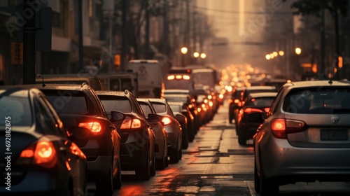 Behind the traffic jam on the city road at dusk