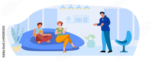Young guy and girl, ivening, interior, сartoon flat vector illustration