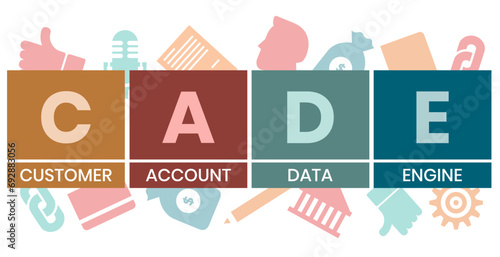 CADE, Customer Account Data Engine acronym. Concept with keyword and icons. Flat vector illustration. Isolated on white.