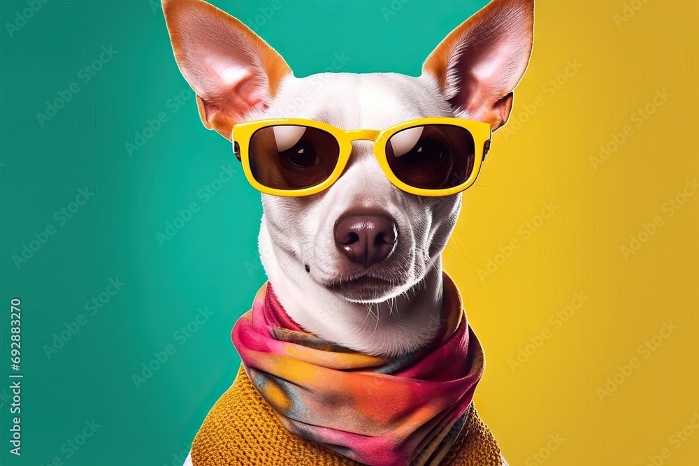 sunglasses fashion wearing dog white terrier portrait funny animal cute head pop art yellow pink neon