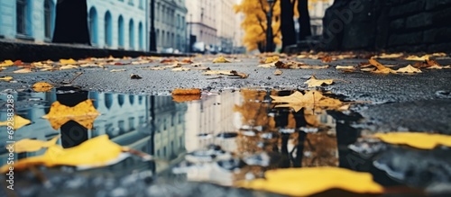 Late autumn streets, empty sidewalk, close-up from puddle level, yellow-blue toned image.