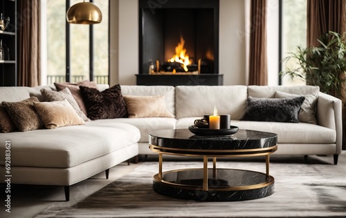 living room features a classic fireplace, with a black marble stone coffee table placed near a white sofa. The art deco style of the home interior design adds a touch of elegance to the space © Alief Shop