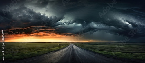 Scenic view of road at dusk with stormy skies. © AkuAku