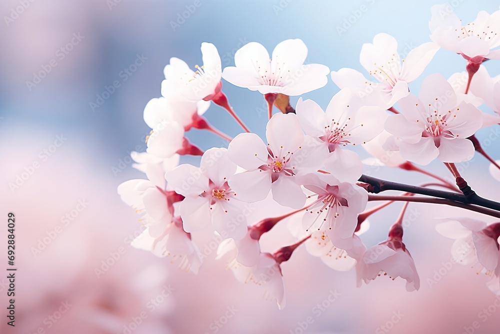 Soft-focus close-up of delicate cherry blossoms in spring, ethereal floral beauty
