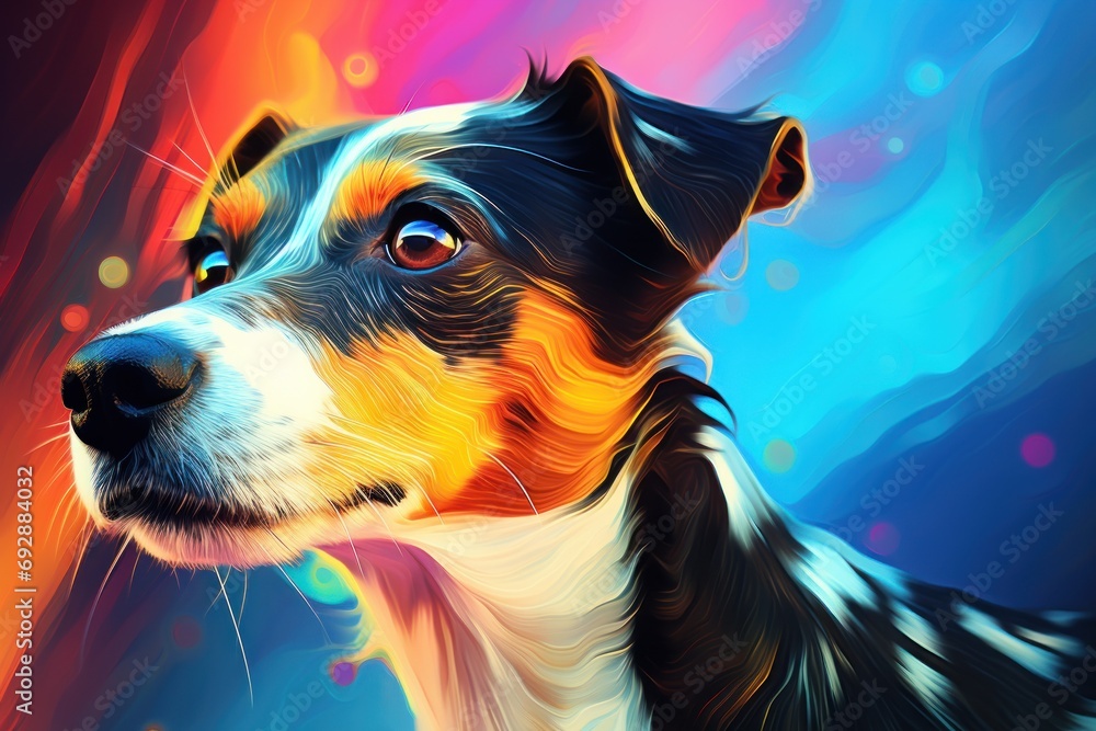 Jack Russell Terrier puppy in abstract graphic style. The highlight is the ultra-bright neon art.